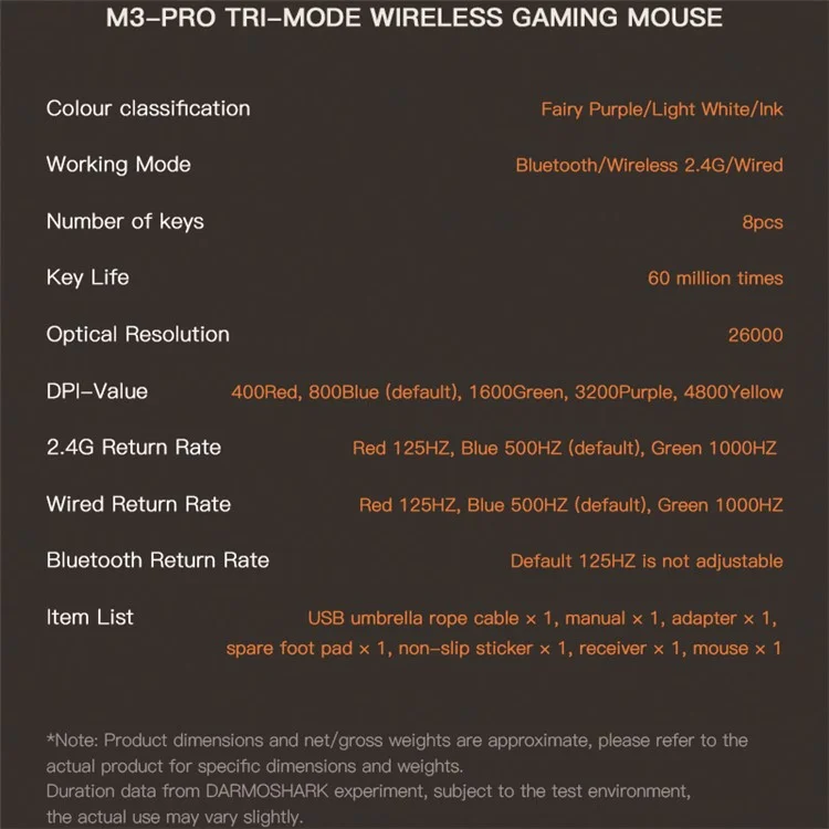 DARMOSHARK M3 Pro Tri-Mode 2.4G / USB-C / Bluetooth-compatible Mouse Wireless Gaming Mouse PAW3395 Chip for Laptop PC - Purple