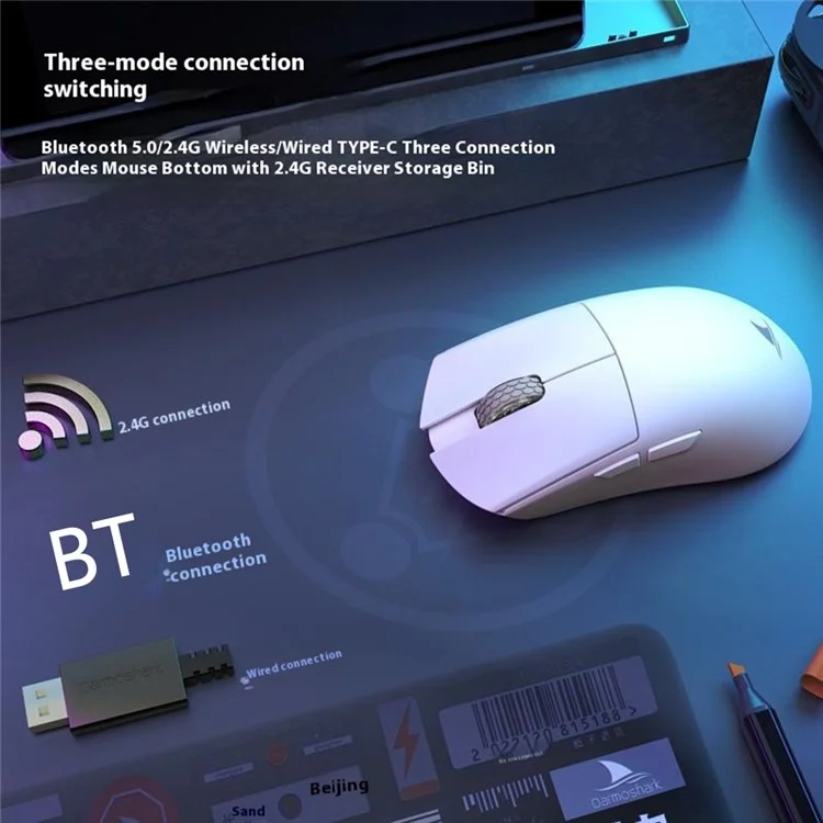 DARMOSHARK M3S Tri-Mode 2.4G / USB-C / Bluetooth-compatible Mouse Wireless Gaming Mouse with Receiver for Laptop PC - White