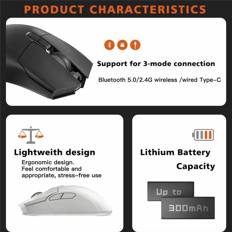 DARMOSHARK N3 Wireless Gaming Mouse Triple Modes 2.4G/Bluetooth/USB-C Connection 59g Lighgtweight PC Laptop Computer Mouse - White