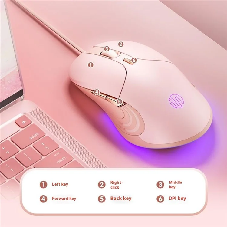 Mouse Cablato USB Info B8 Per Ragazze 7200dpi 6 Tasto Mute Gaming Mouse Per PC Per Laptop - Rosa