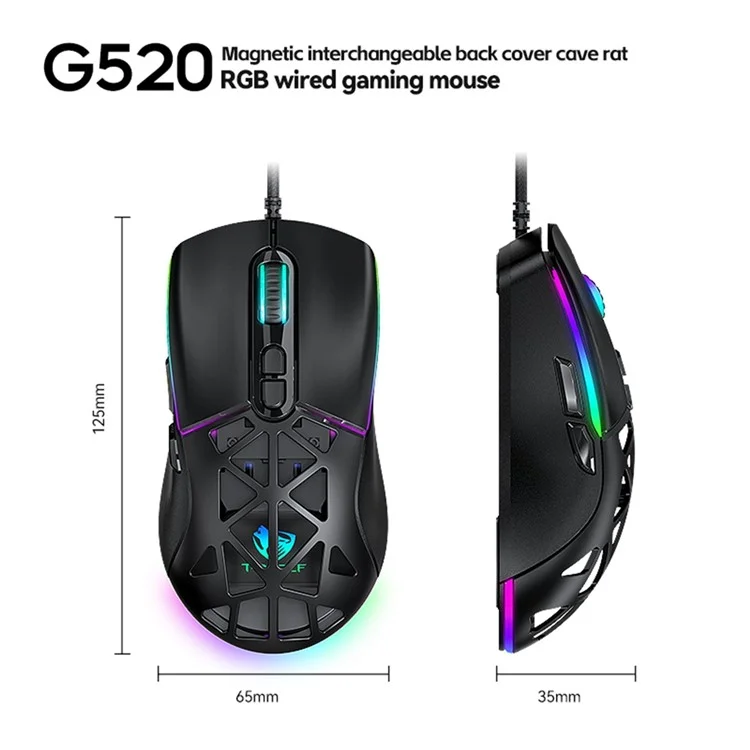 T-WOLF G520 Gaming-Maus mit RGB-Hintergrundbeleuchtung, 7 programmierbaren Tasten und auswechselbarer Rückseite - Schwarz
