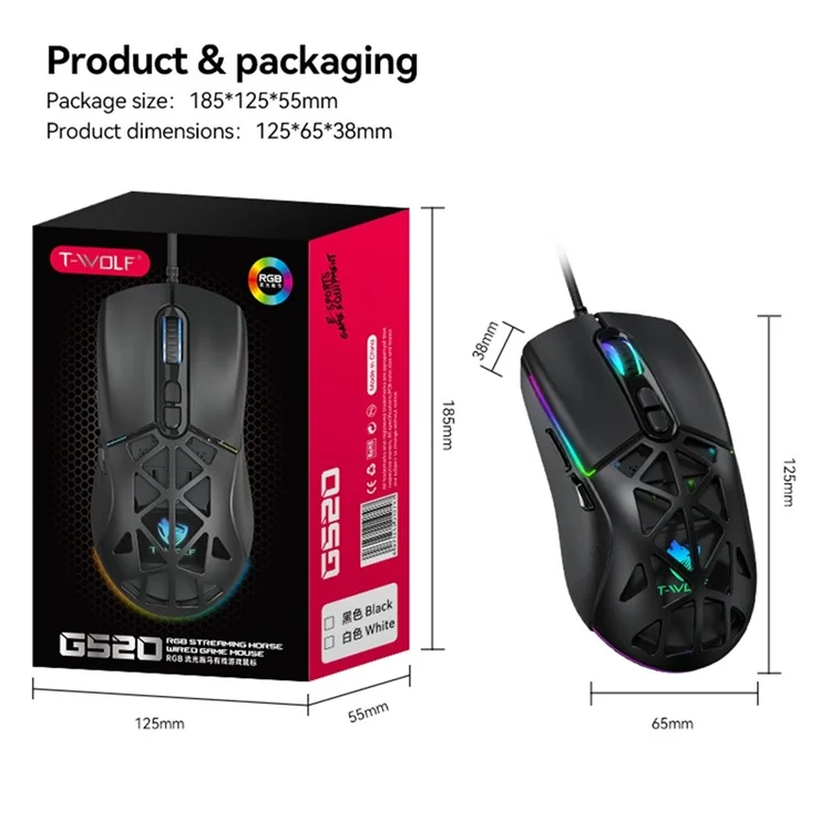 T-WOLF G520 Gaming-Maus mit RGB-Hintergrundbeleuchtung, 7 programmierbaren Tasten und auswechselbarer Rückseite - Schwarz