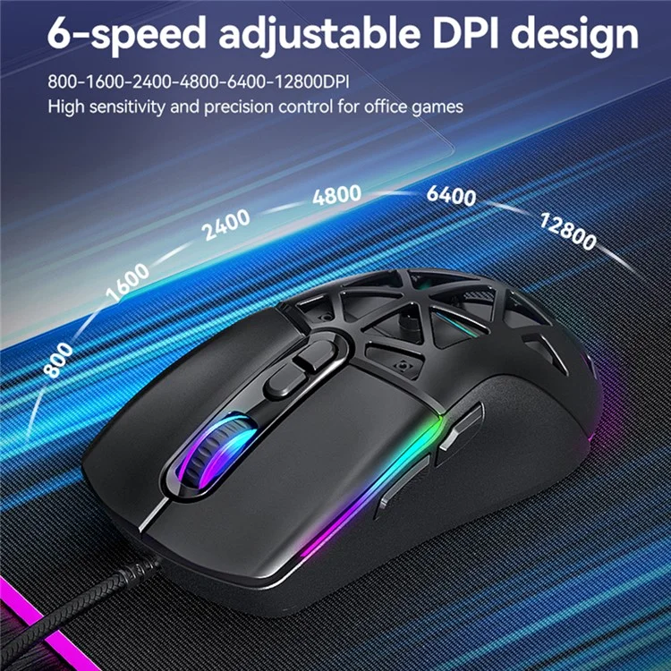 T-WOLF G520 Gaming-Maus mit RGB-Hintergrundbeleuchtung, 7 programmierbaren Tasten und auswechselbarer Rückseite - Schwarz