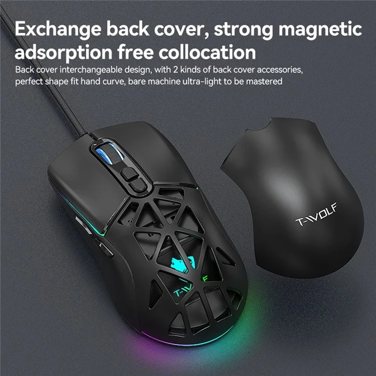 T-WOLF G520 Gaming-Maus mit RGB-Hintergrundbeleuchtung, 7 programmierbaren Tasten und auswechselbarer Rückseite - Schwarz