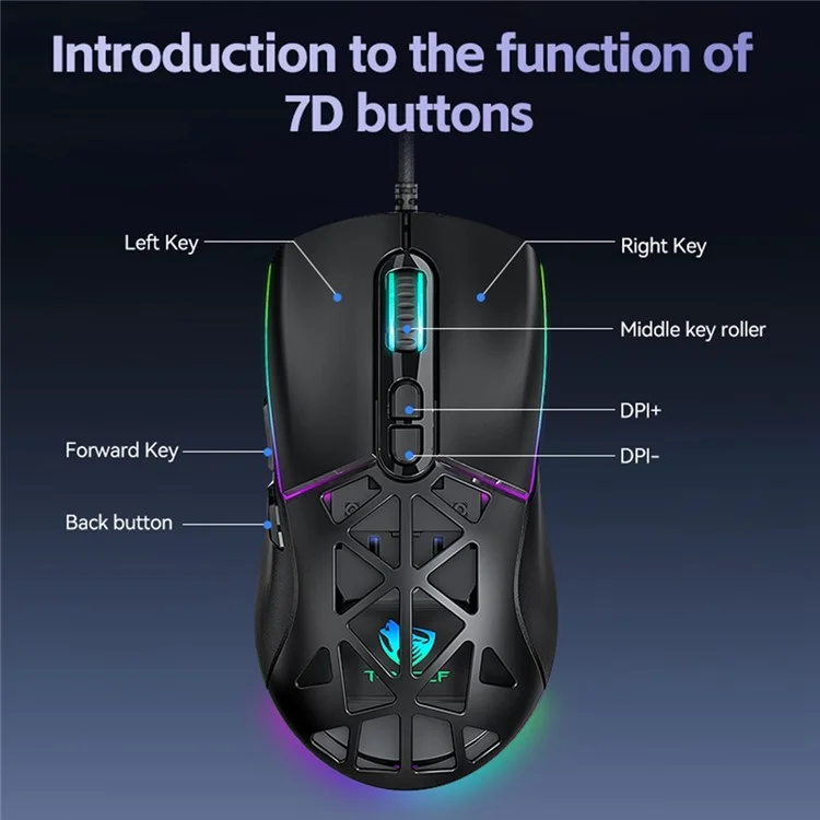 T-WOLF G520 Gaming-Maus mit RGB-Hintergrundbeleuchtung, 7 programmierbaren Tasten und auswechselbarer Rückseite - Schwarz