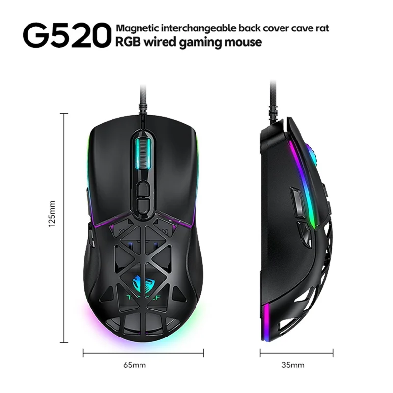 T-WOLF G520 Gaming Mouse RGB Backlit 7 Keys Programmable Mouse with Interchangeable Back Cover - White