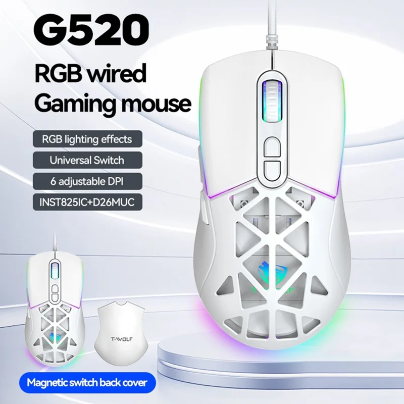 T-WOLF G520 Gaming Mouse RGB Backlit 7 Keys Programmable Mouse with Interchangeable Back Cover - White