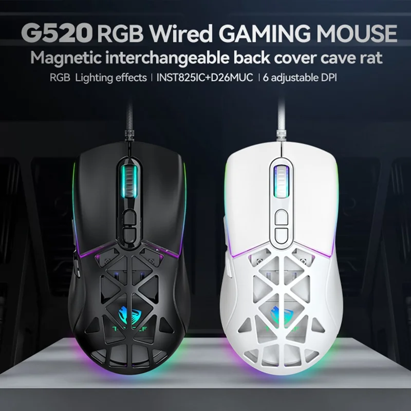 T-WOLF G520 Gaming Mouse RGB Backlit 7 Keys Programmable Mouse with Interchangeable Back Cover - White