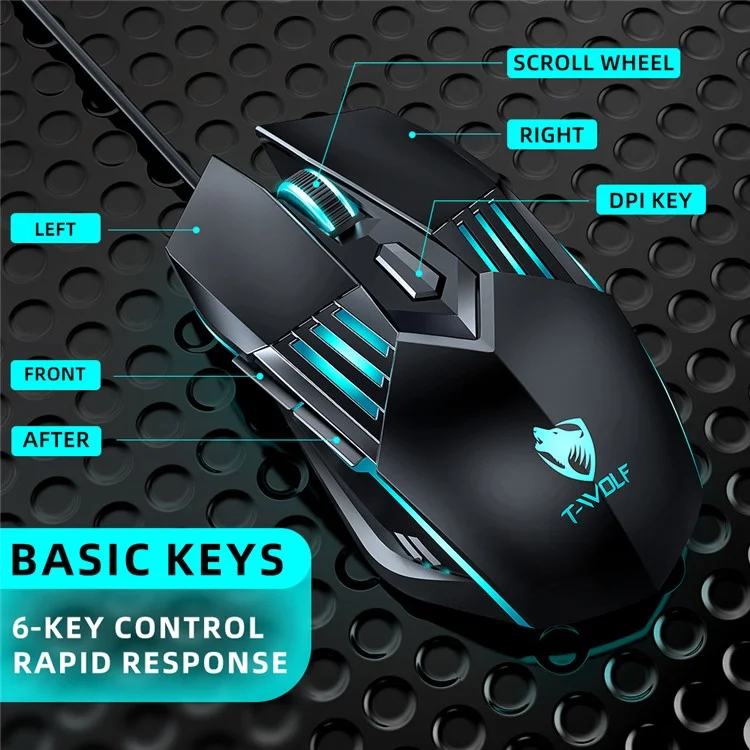 T-WOLF G560 Gaming-Maus Kabelgebunden Optische Maus mit RGB-Beleuchtung / 4-Stufen-DPI-Einstellung - Tech. Schwarz