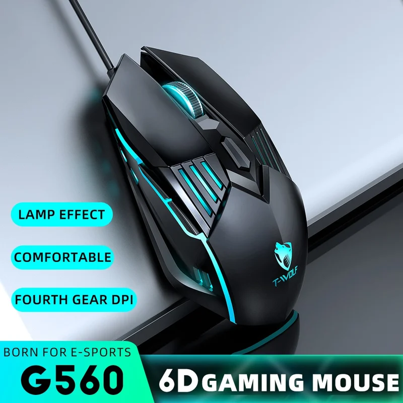 T-WOLF G560 Gaming Mouse Wired Optical Mouse with RGB Lighting  /  4-Level DPI Adjustment - Star Black