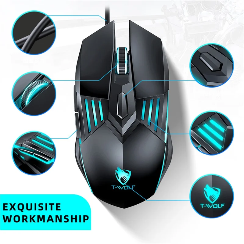 T-WOLF G560 Gaming Mouse Wired Optical Mouse with RGB Lighting  /  4-Level DPI Adjustment - Star Black