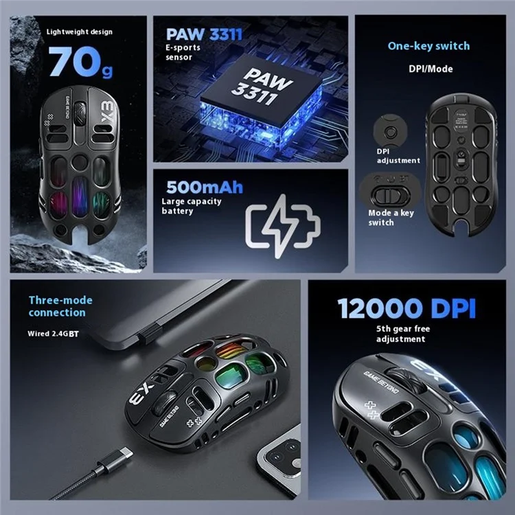 T-WOLF X3 Gaming Mouse Tri-Mode BT Wireless Hollow Design RGB Backlit Mechanical Mouse For Esports - Silver
