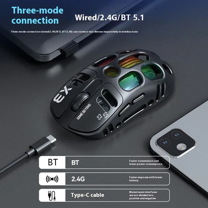 T-WOLF X3 Gaming Mouse Tri-Mode BT Wireless Hollow Design RGB Backlit Mechanical Mouse For Esports - Grey