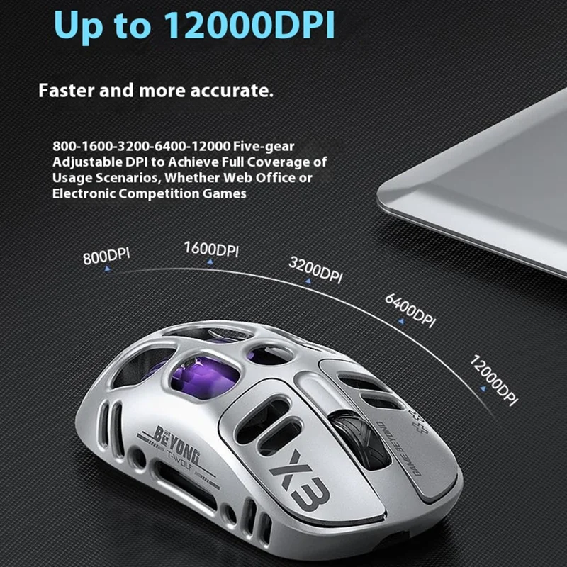 T-WOLF X3 Gaming Mouse Tri-Mode BT Wireless Hollow Design RGB Backlit Mechanical Mouse For Esports - Grey