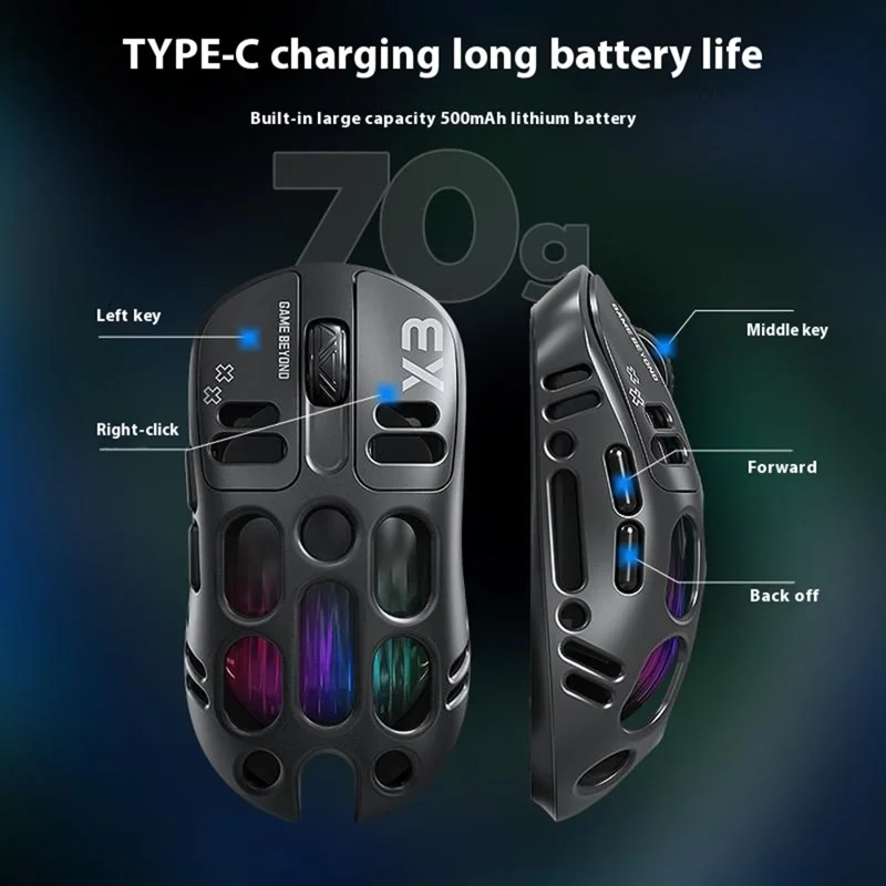 T-WOLF X3 Gaming Mouse Tri-Mode BT Wireless Hollow Design RGB Backlit Mechanical Mouse For Esports - Grey