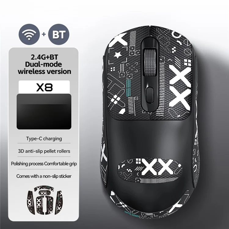 T-WOLF X8 Souris sans fil à double mode avec batterie rechargeable de 500 mAh pour jeux - Noir