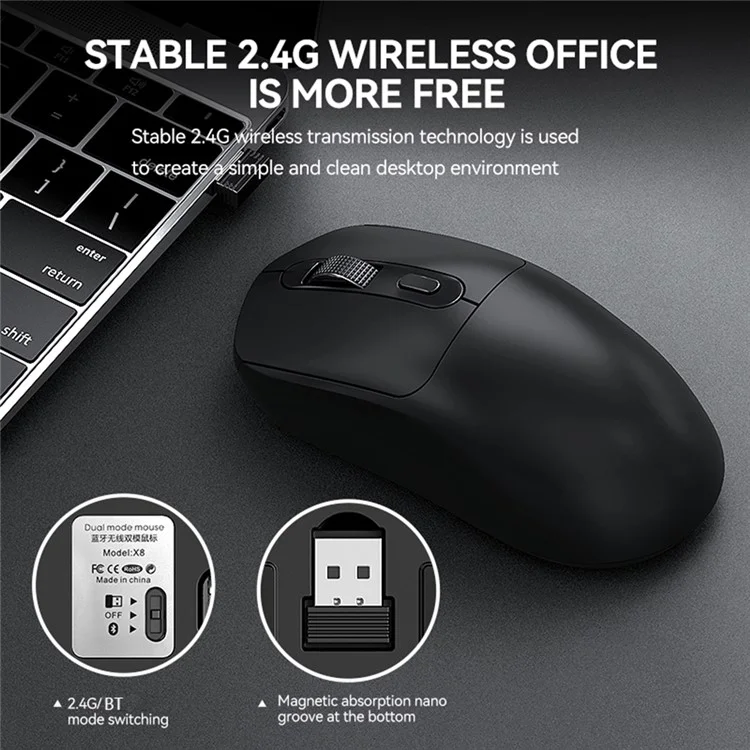 T-WOLF X8 Souris sans fil à double mode avec batterie rechargeable de 500 mAh pour jeux - Noir