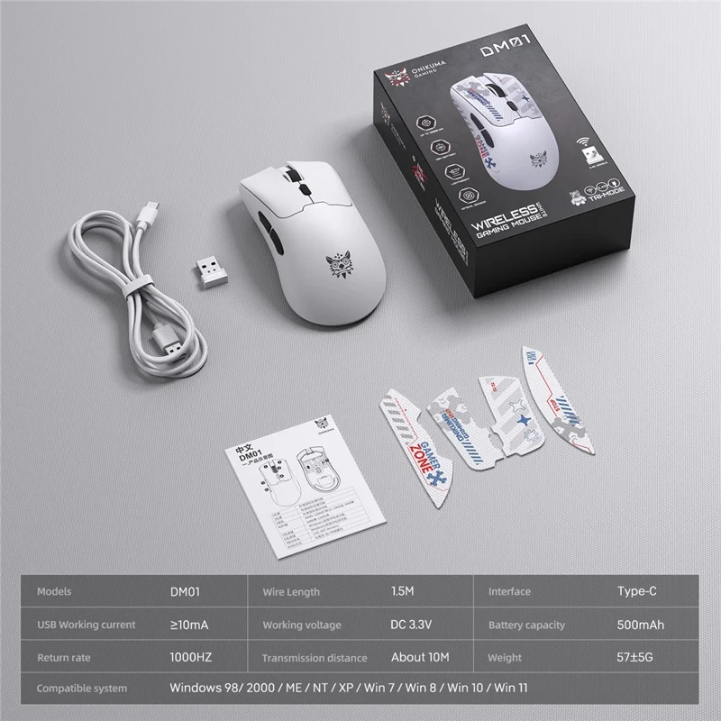 ONIKUMA DM01 Tri-Mode Gaming Mouse Wireless 2.4G Wired Type-C Bluetooth-Compatible Mouse with 6 DPI Levels - White