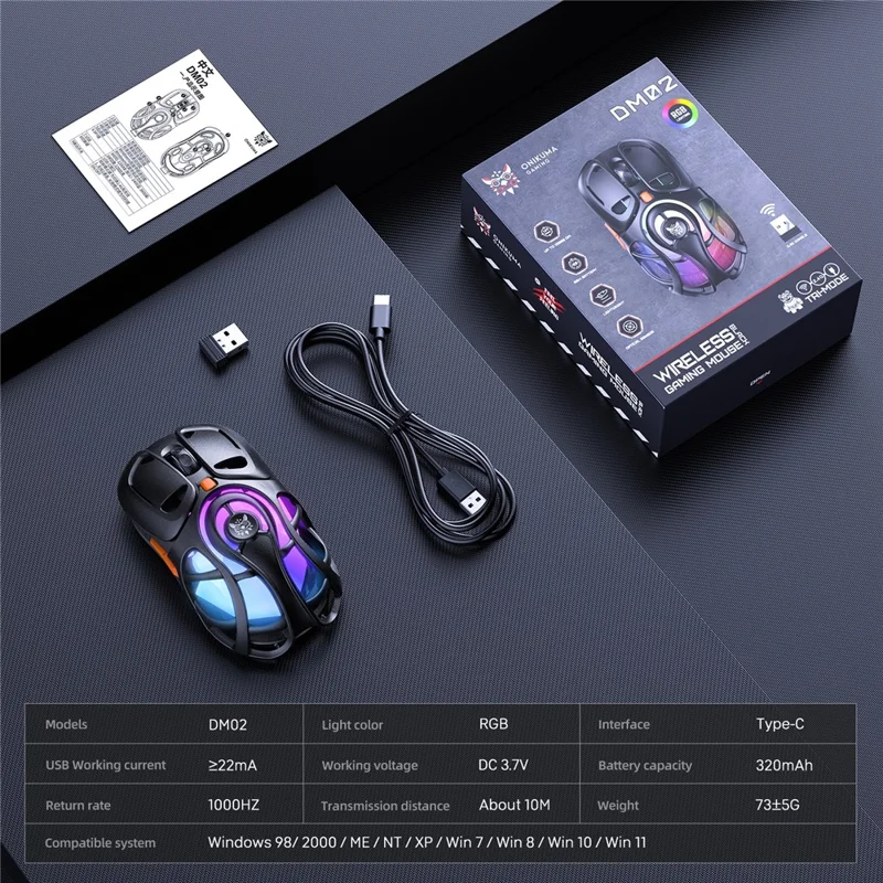 ONIKUMA DM02 Tri-Mode Gaming Mouse 2.4G Wireless Bluetooth-compatible 6 DPI Levels RGB Backlit Mouse - Black