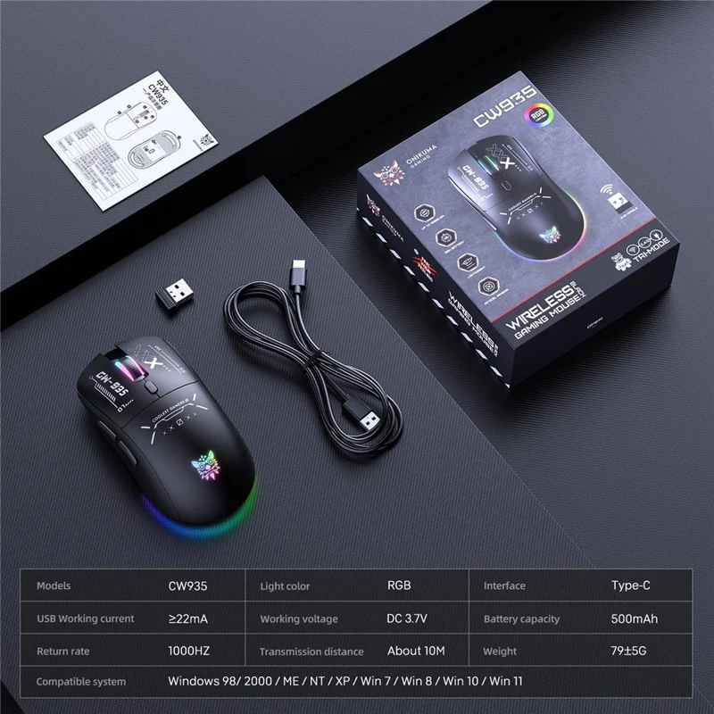 ONIKUMA CW935 Drei-Modus-Gaming-Maus RGB 12800 DPI Bluetooth-kompatibel Wireless 2,4G Maus - Schwarz