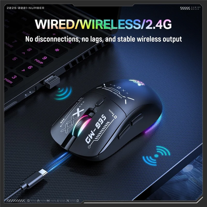 ONIKUMA CW935 Drei-Modus-Gaming-Maus RGB 12800 DPI Bluetooth-kompatibel Wireless 2,4G Maus - Schwarz