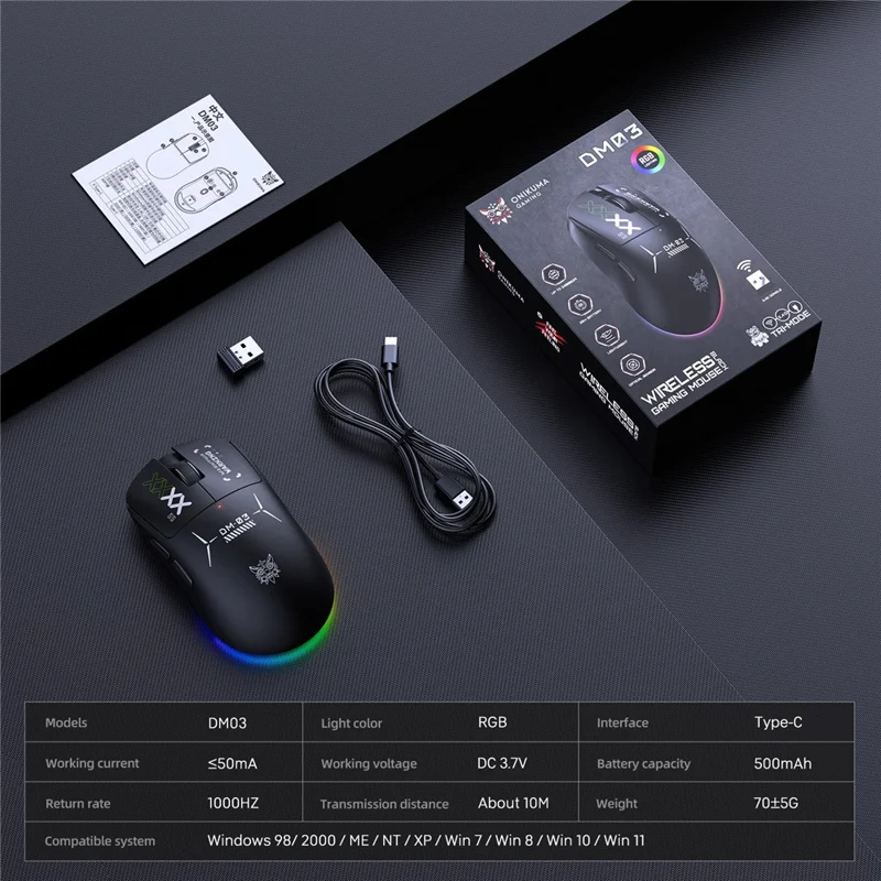 ONIKUMA DM03 Spelmus Trådlös 2,4 G Bluetooth-kompatibel Sladden 3-läges 12000 DPI Laddningsbar Mus för PC-spel Kontor