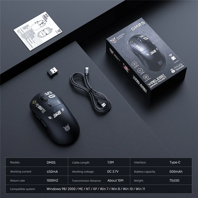 ONIKUMA DM05 Mouse da Gioco Tri-Modalità Bluetooth-compatibile 2.4G Wireless Cablato Ergonomico per PC - Nero