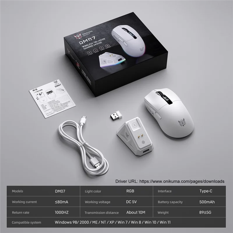 ONIKUMA DM07 2,4G trådløs gaming-mus 3-tils-måde tråbunden Bluetooth-kompatibel PC-mus med magnetisk opladningsbase - Hvid