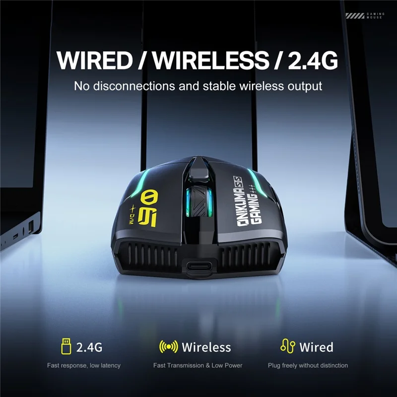 ONIKUMA DM06 Gaming Mouse 3-Mode Wireless Bluetooth-compatible 2.4G Wired 12800 DPI RGB PC Mouse - Black