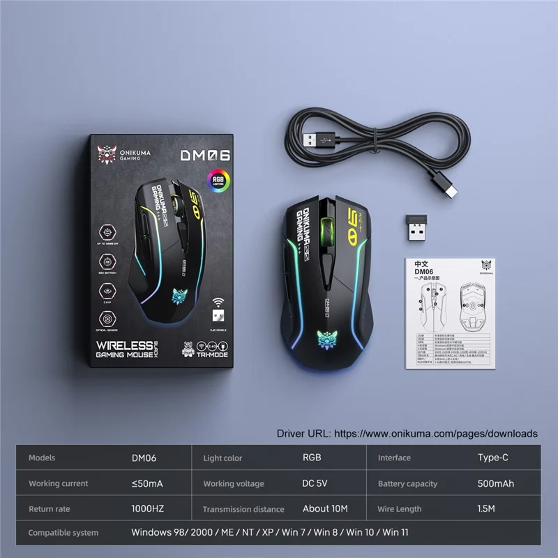 ONIKUMA DM06 Gaming Mouse 3-Mode Wireless Bluetooth-compatible 2.4G Wired 12800 DPI RGB PC Mouse - Black