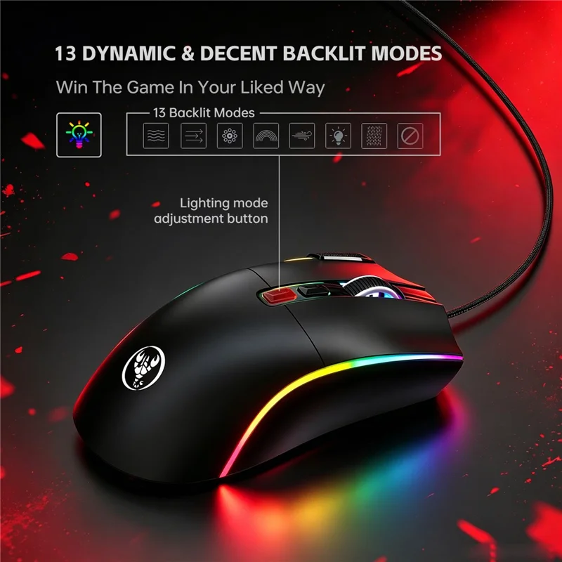 Игровая мышь HXSJ X1 RGB с 8 программируемыми клавишами, проводная мышь с разрешением 7200 DPI для игр и офиса — черная