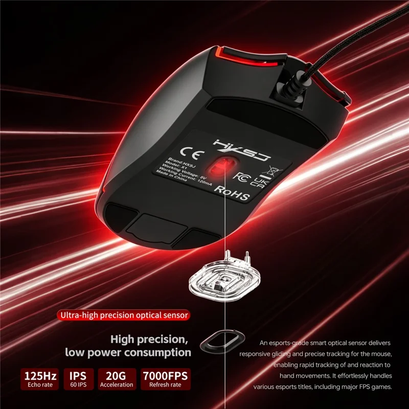 Игровая мышь HXSJ X1 RGB с 8 программируемыми клавишами, проводная мышь с разрешением 7200 DPI для игр и офиса — черная