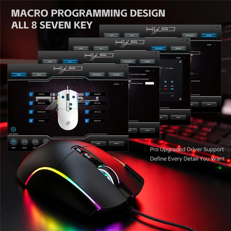 Игровая мышь HXSJ X1 RGB с 8 программируемыми клавишами, проводная мышь с разрешением 7200 DPI для игр и офиса — черная