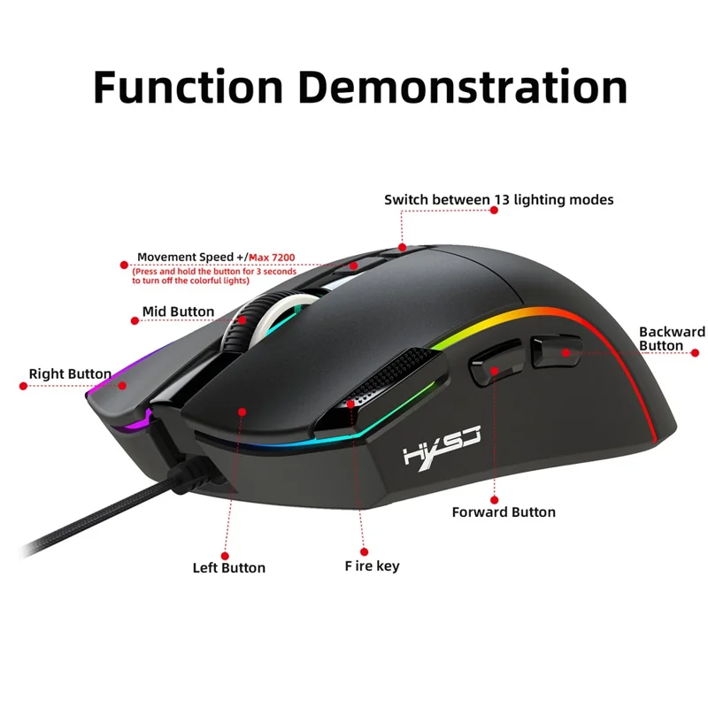 Игровая мышь HXSJ X1 RGB с 8 программируемыми клавишами, проводная мышь с разрешением 7200 DPI для игр и офиса — черная