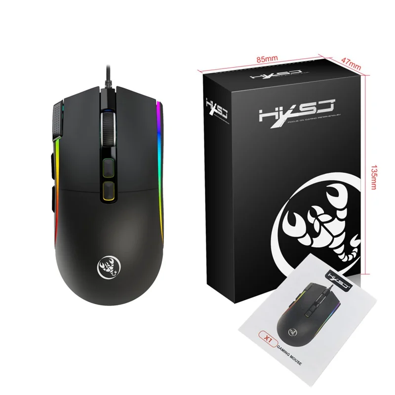 Игровая мышь HXSJ X1 RGB с 8 программируемыми клавишами, проводная мышь с разрешением 7200 DPI для игр и офиса — черная