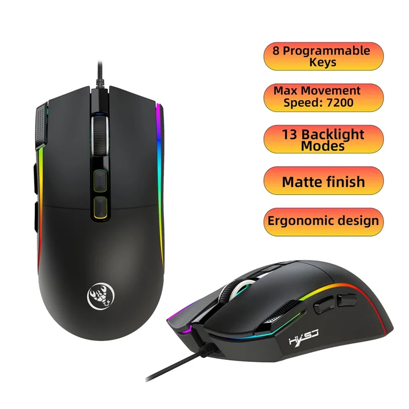 Игровая мышь HXSJ X1 RGB с 8 программируемыми клавишами, проводная мышь с разрешением 7200 DPI для игр и офиса — черная
