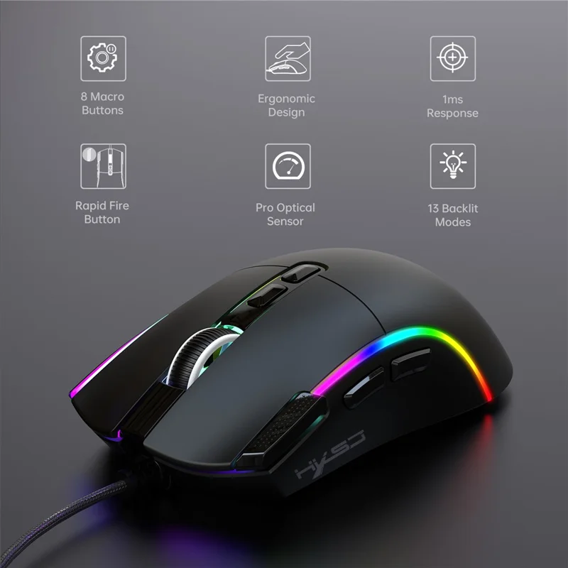Игровая мышь HXSJ X1 RGB с 8 программируемыми клавишами, проводная мышь с разрешением 7200 DPI для игр и офиса — черная