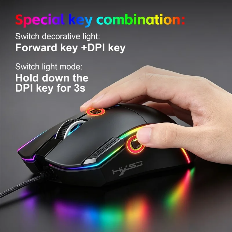 Игровая мышь HXSJ X1 RGB с 8 программируемыми клавишами, проводная мышь с разрешением 7200 DPI для игр и офиса — черная