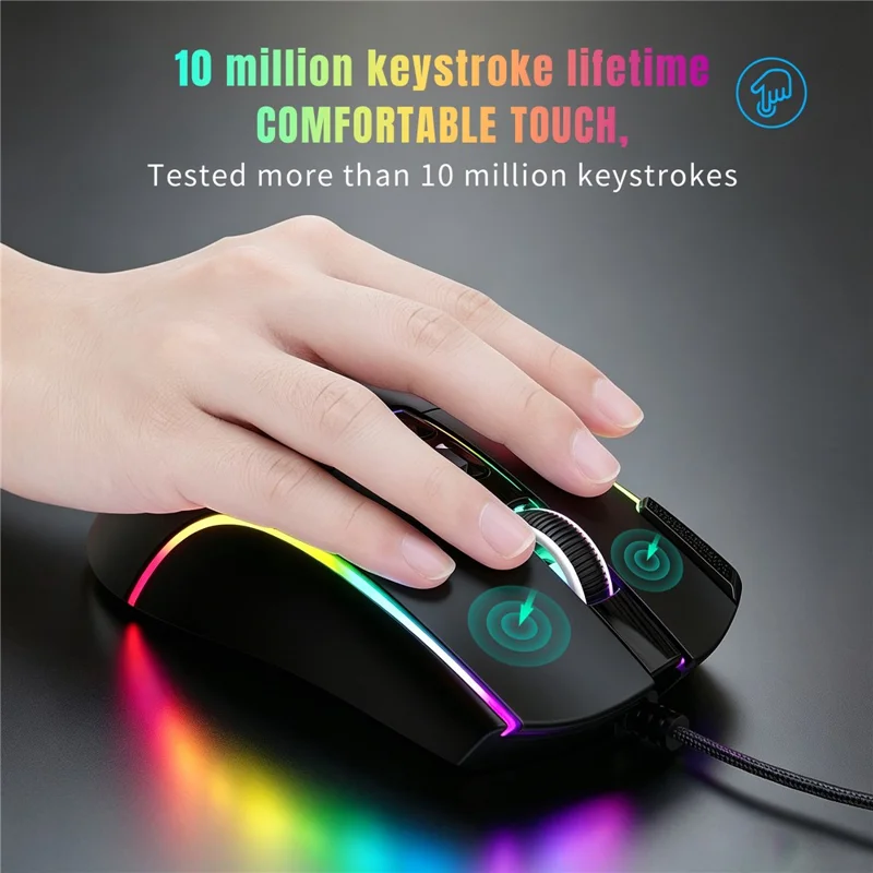 Игровая мышь HXSJ X1 RGB с 8 программируемыми клавишами, проводная мышь с разрешением 7200 DPI для игр и офиса — черная
