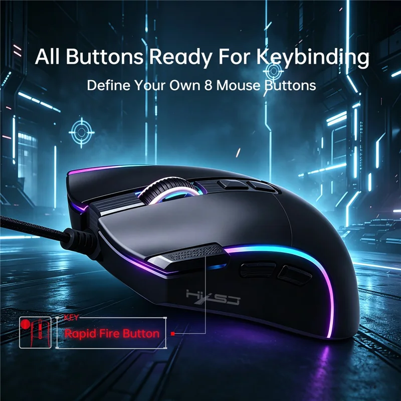 Игровая мышь HXSJ X1 RGB с 8 программируемыми клавишами, проводная мышь с разрешением 7200 DPI для игр и офиса — черная