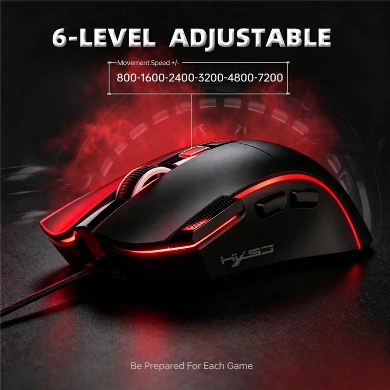 Игровая мышь HXSJ X1 RGB с 8 программируемыми клавишами, проводная мышь с разрешением 7200 DPI для игр и офиса — черная