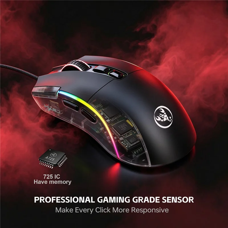 Игровая мышь HXSJ X1 RGB с 8 программируемыми клавишами, проводная мышь с разрешением 7200 DPI для игр и офиса — черная