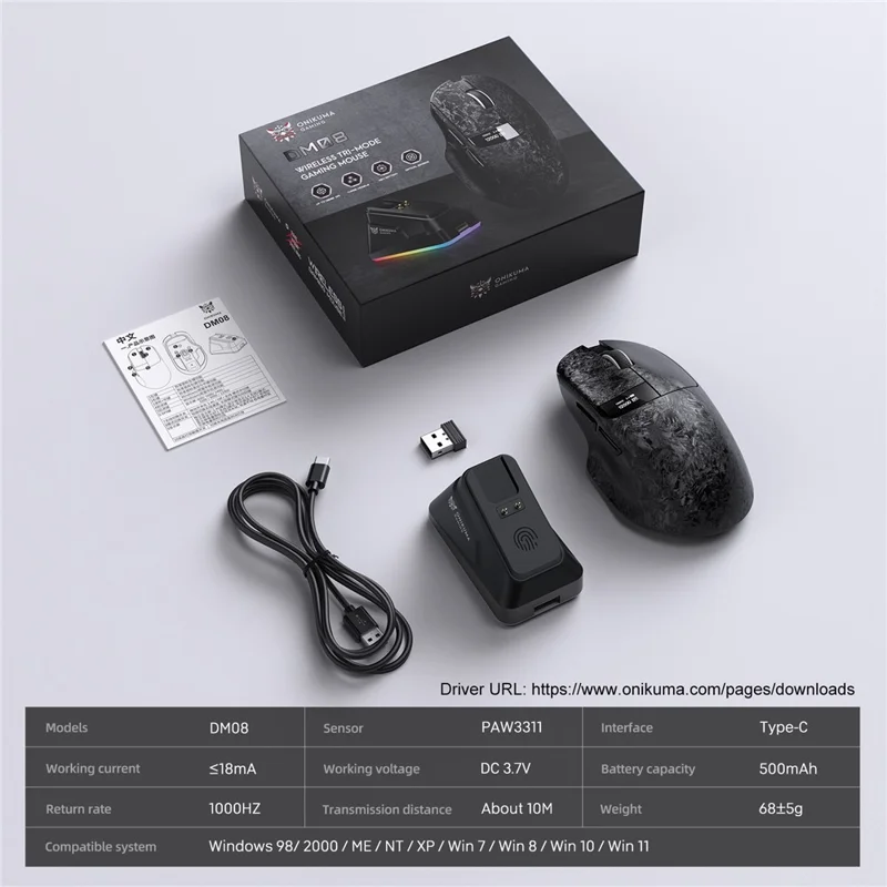 ONIKUMA DM08 Wireless Tri-Mode Gaming Mouse 2.4G Bluetooth-compatible Type-C OLED Display with RGB Charging Base - Black