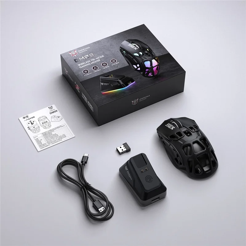 ONIKUMA DM09 Tri-Mode Wireless Gaming Mouse Hollow Design with RGB Magnetic Charging Base - Black