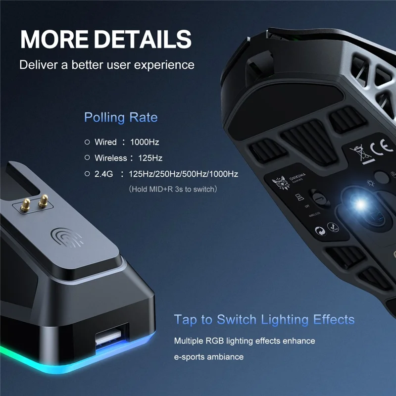 ONIKUMA DM09 Tri-Mode Wireless Gaming Mouse Hollow Design with RGB Magnetic Charging Base - Black