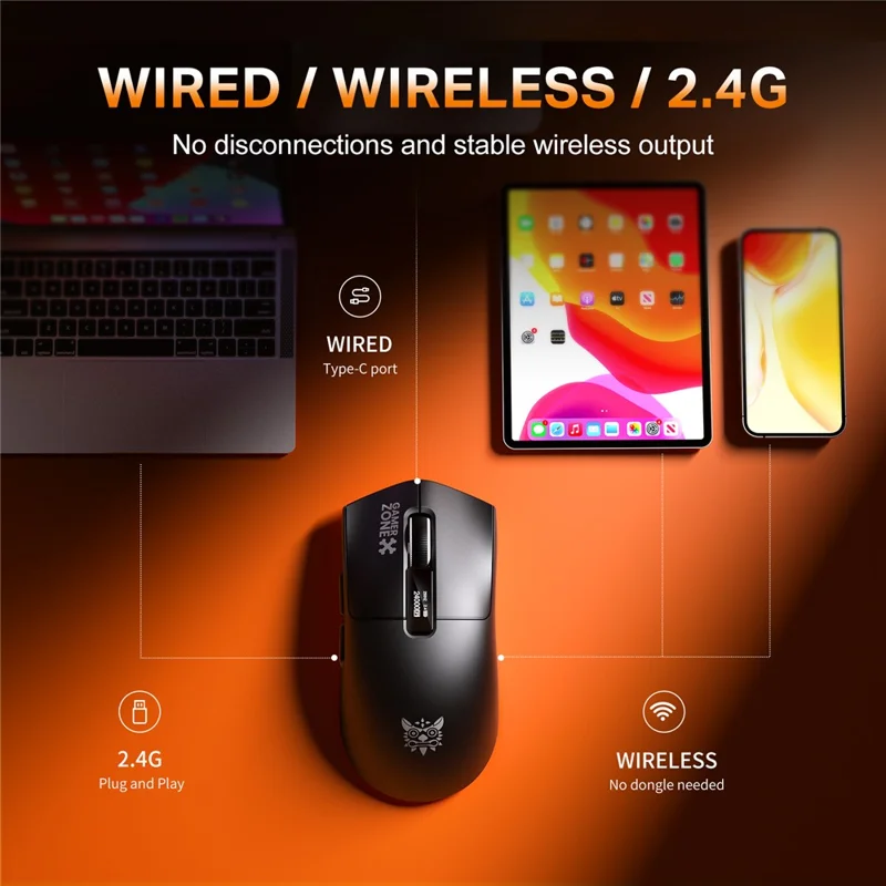 ONIKUMA DM10 Tri-Mode Wireless Gaming Mouse 6-Level DPI 1000Hz Polling Rate with RGB Charging Base - Black