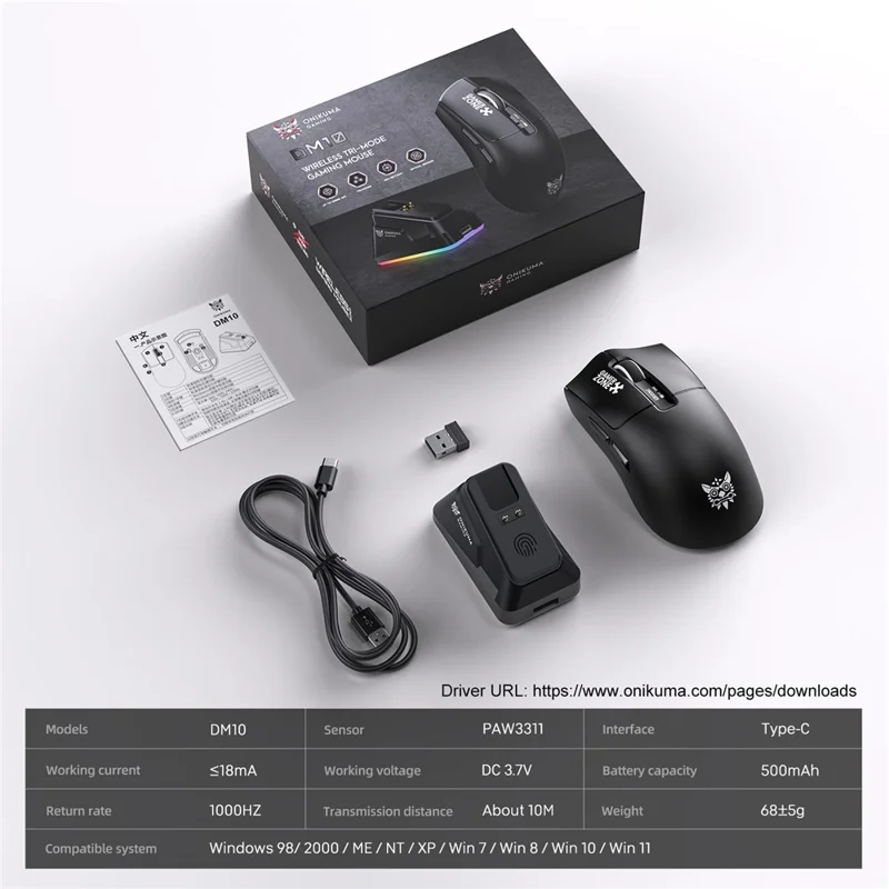 ONIKUMA DM10 Tri-Mode Wireless Gaming Mouse 6-Level DPI 1000Hz Polling Rate with RGB Charging Base - Black