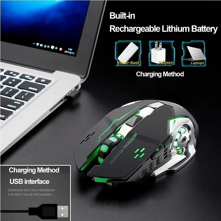 FREE WOLF X8 2.4G Wireless Charging Game Mouse Silent Illuminated Mechanical Mouse - Black