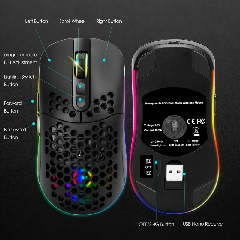 2.4G Bluetooth-compatible Dual Mode Honeycomb Shell Wireless Mouse with RGB Backlit for Laptop PC Computer - Black