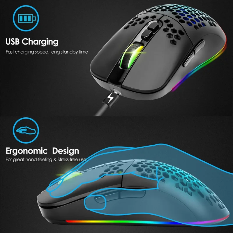 2.4G Bluetooth-compatible Dual Mode Honeycomb Shell Wireless Mouse with RGB Backlit for Laptop PC Computer - Black